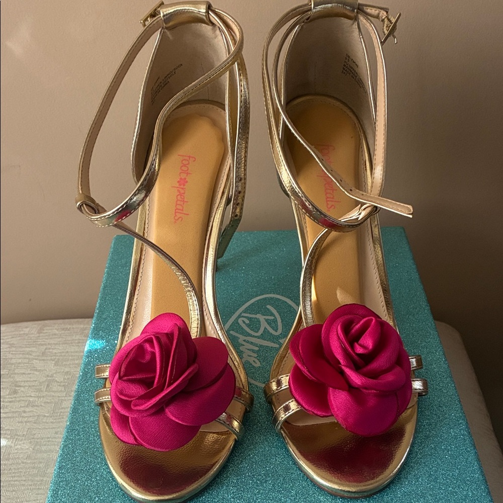 Betsey Johnson Gold Strappy Heels with Fuchsia Rose Appliqués